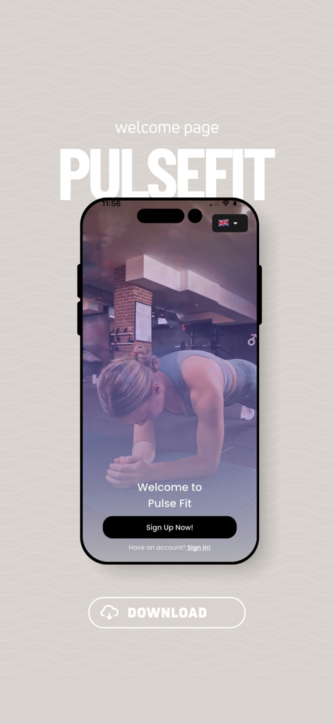 Schermata di benvenuto dell'app mobile PulseFit MK che mostra una donna che esegue un plank in una palestra con un pulsante di iscrizione