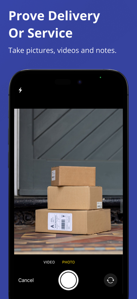 Route4Me Route Planner - A smartphone interface showing a photo being taken of three delivered packages on a doorstep to provide proof of delivery