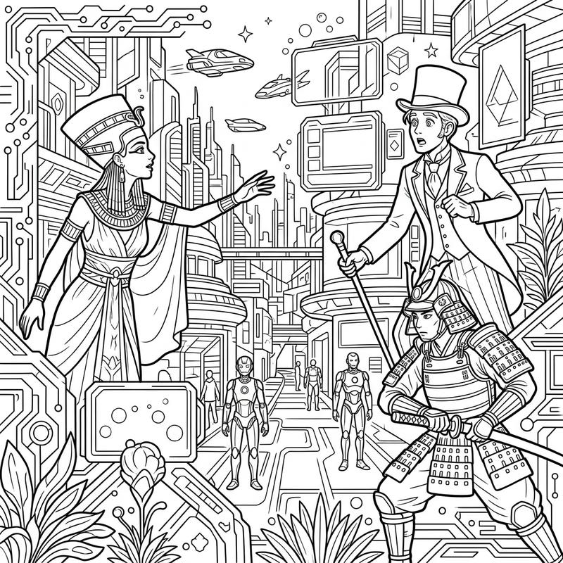 Embark on an epic adventure where historical figures collide with a futuristic cityscape in this captivating coloring page. Perfect for teens, it invites you to bring an ancient queen, a noble gentleman, and a fierce samurai into a world of flying cars and robots.