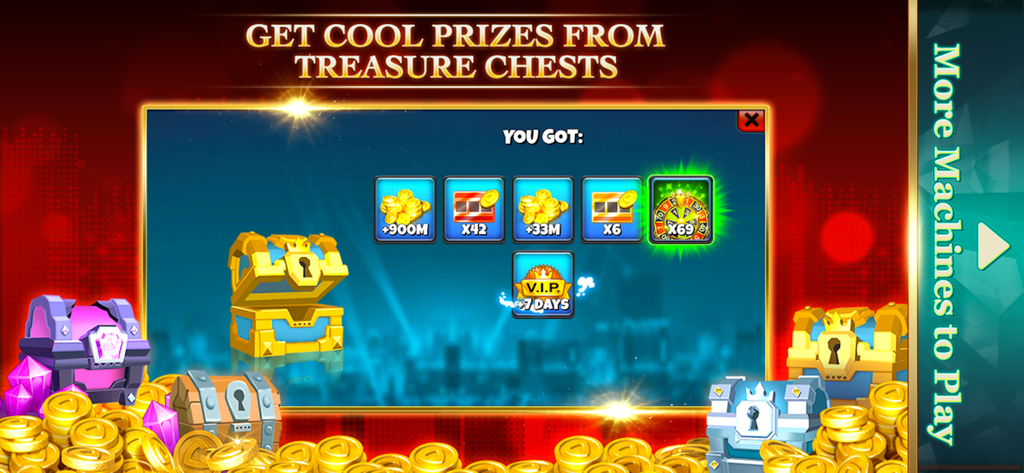 Double Win Vegas Casino Slots treasure chest reward screen showing coin prizes and VIP status