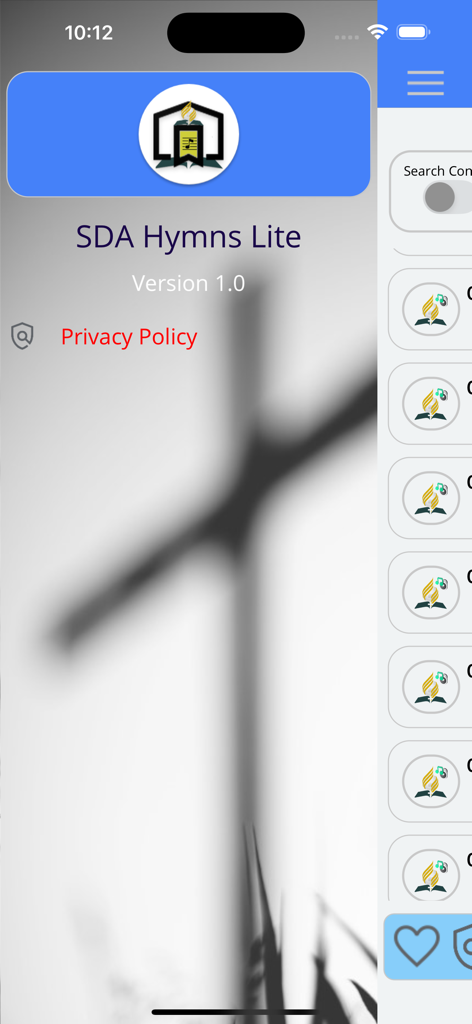 SDA Hymns Lite - SDA Hymns Lite mobile app home screen with navigation menu and hymn search sidebar