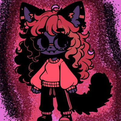 catgirl with fuzzy cat ears, curly hair, hair bun, striped hair, black eyes, sweater, fangs, fluffy black cat tail with red tip, glasses, fluffy long-haired cat tail, sweatpants
