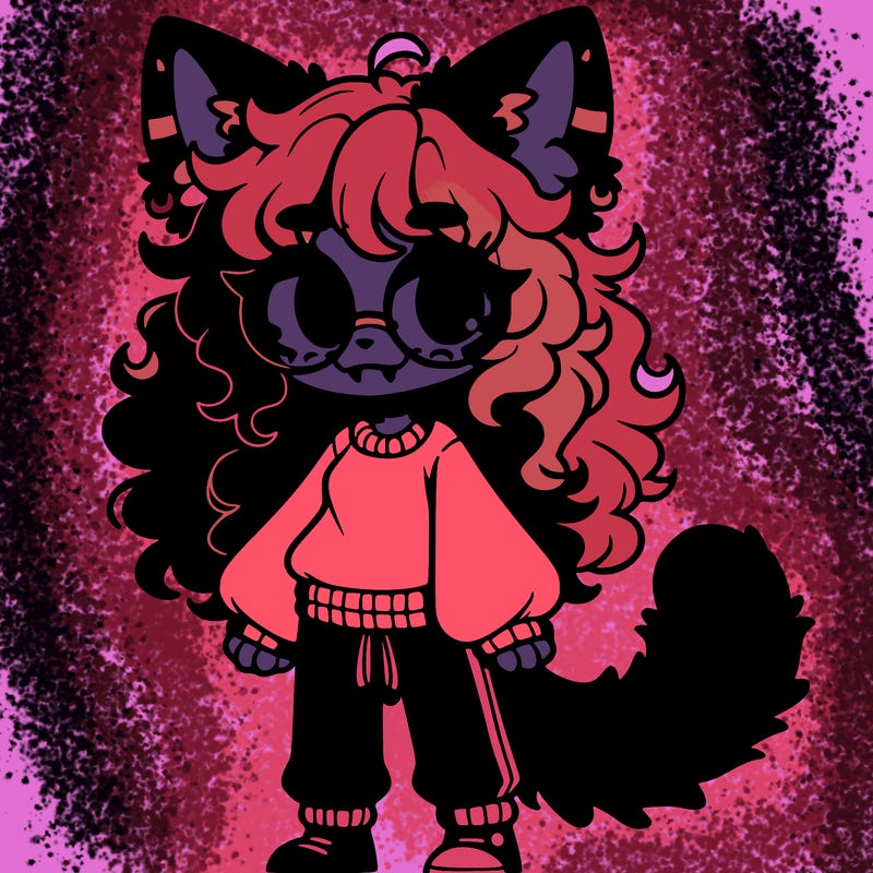 catgirl with fuzzy cat ears, curly hair, hair bun, striped hair, black eyes, sweater, fangs, fluffy black cat tail with red tip, glasses, fluffy long-haired cat tail, sweatpants