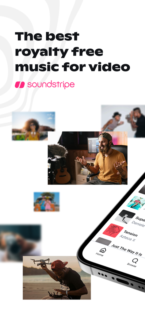 Interfaz de la aplicación móvil Soundstripe mostrando pistas de música libre de regalías para creadores de video y producción de contenido digital