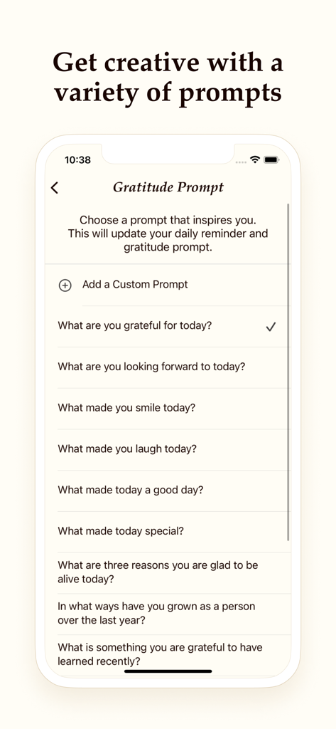 Daily gratitude prompts on the Gratitude Plus app interface