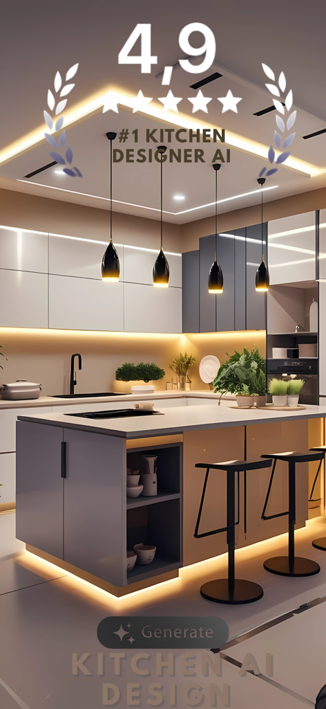Ai Kitchen - Room Landscape Ai - Diseño de cocina de remodelación de lujo moderna generado por la aplicación Ai Kitchen que muestra una isla elegante e iluminación.