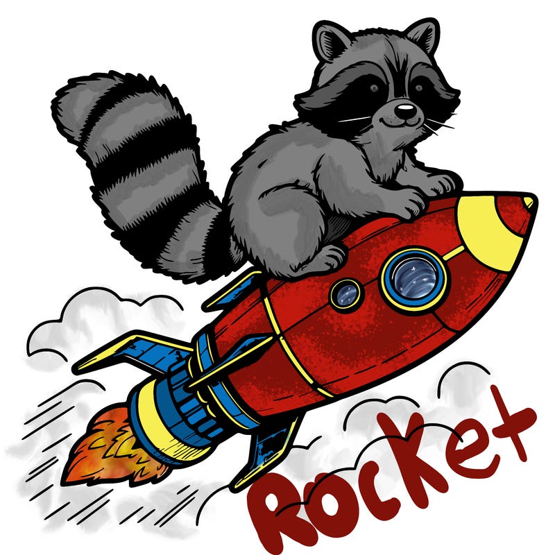 realistic raccoon flying on top rocket ship