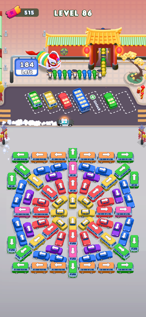 Bus Escape: Traffic Jam - Visão de cima de um puzzle de engarrafamento colorido apresentando carros e passageiros coloridos esperando no portão de um templo chinês.