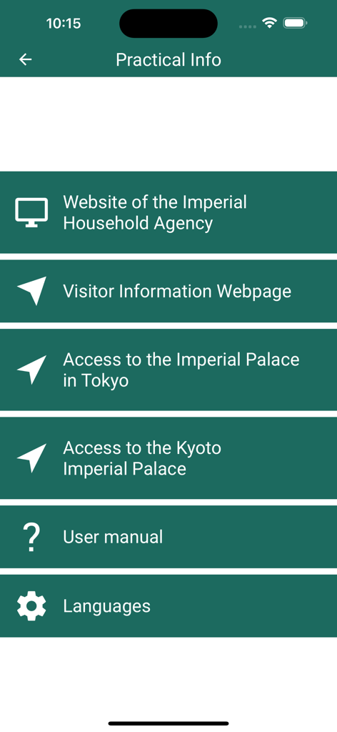 Menübildschirm mit praktischen Informationen des Imperial Palaces Guide Apps, der Links zu offiziellen Websites und Informationen zum Palastzugang anzeigt