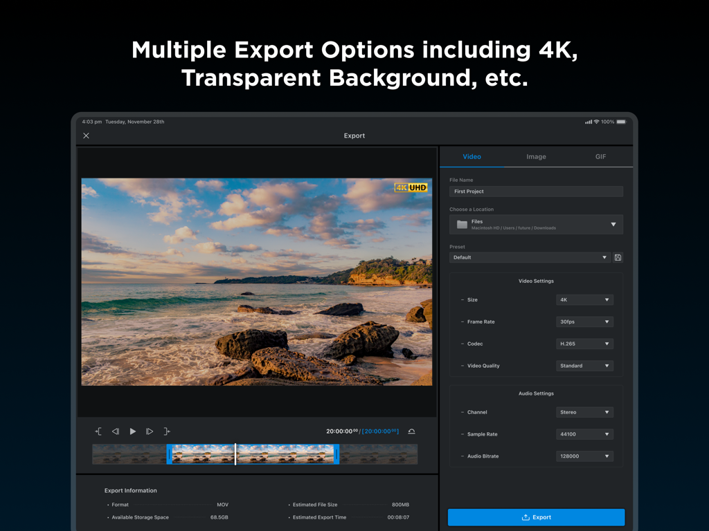 Interface de exportação do editor de vídeo WEILO no iPad mostrando configurações de resolução 4K e opções de saída profissional