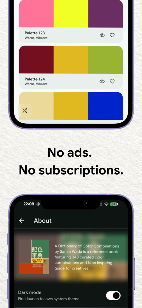 Interfaz de la aplicación Diccionario de Colores de Wada con paletas de colores y la pantalla acerca de con un interruptor de modo oscuro.