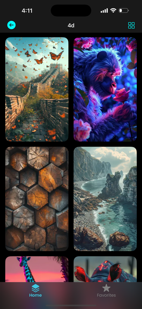 AI 4D & 3D Parallax Wallpapers - A gallery view of various 4D and 3D parallax wallpapers including landscapes and neon animals