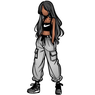 girl in baggy pants crop top and long hair
