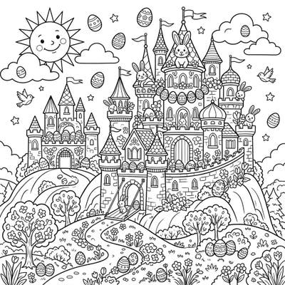 Dive into a magical world with this enchanting Easter castle coloring page, perched majestically on a hill and bustling with festive details. Discover adorable bunnies, hidden Easter eggs, and beautiful spring blossoms just waiting for your vibrant colors.