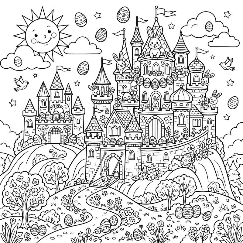 Dive into a magical world with this enchanting Easter castle coloring page, perched majestically on a hill and bustling with festive details. Discover adorable bunnies, hidden Easter eggs, and beautiful spring blossoms just waiting for your vibrant colors.