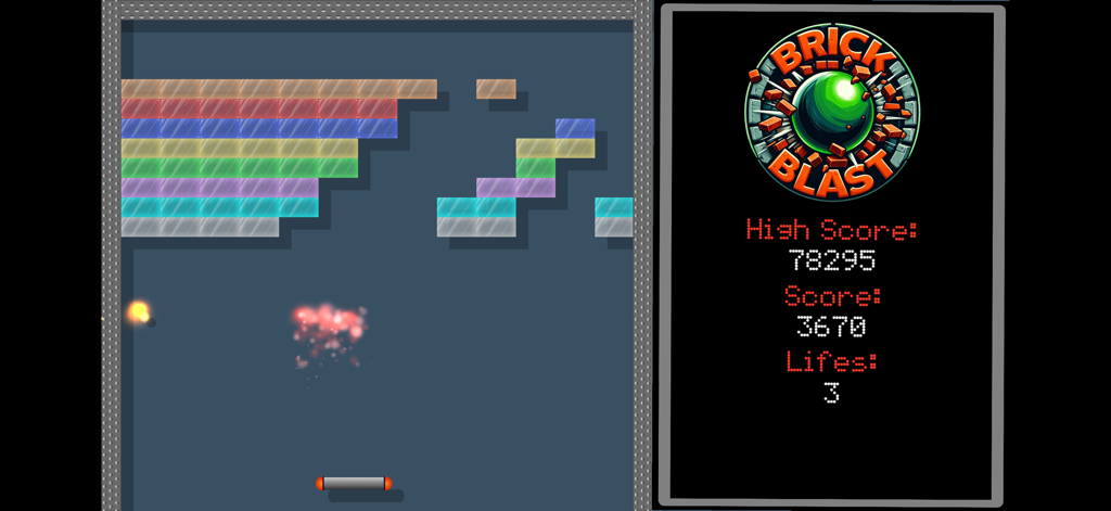 Brick Blast mobile game screen showing arcade breakout gameplay with colorful bricks and a scoring panel