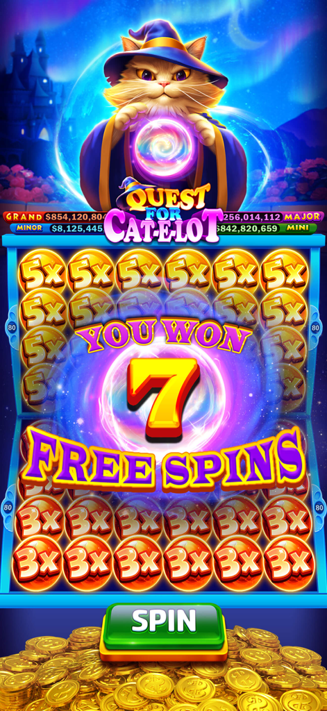 Golden Casino - Slots Games - Golden Casino Slot-Spielbildschirm mit einem Zauberkatzen-Thema und sieben Freispiel-Gewinnen