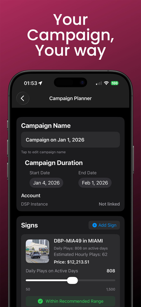 Screenshot of the Vue app campaign planner showing billboard location in Miami with pricing and scheduling options