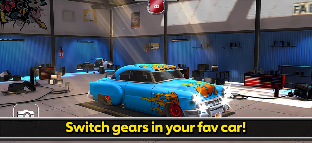 Classic Racing Car Game - Un coche clásico azul personalizado con calcomanías de llamas dentro de un taller de garaje
