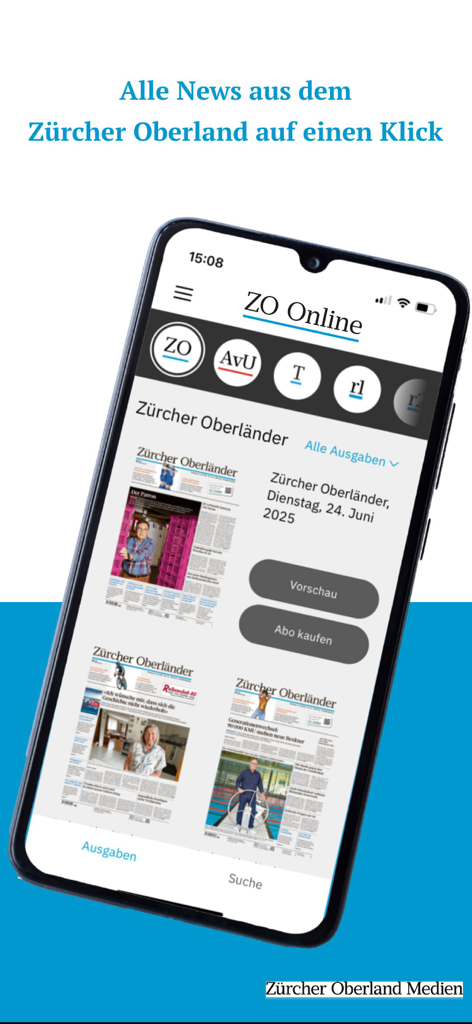 ZO E-Paper - Interface do aplicativo móvel ZO E-Paper mostrando edições digitais de jornais suíços da região de Zurcher Oberland.