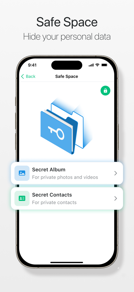 Interface de cofre seguro para fotos e contatos privados no aplicativo.