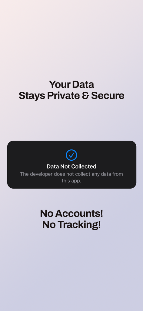 Budget app screen showing privacy and security features with no data collection or tracking