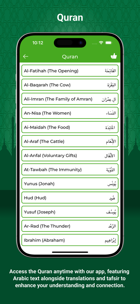 Un écran d'application mobile affichant une liste de chapitres du Coran avec du texte arabe et des traductions anglaises