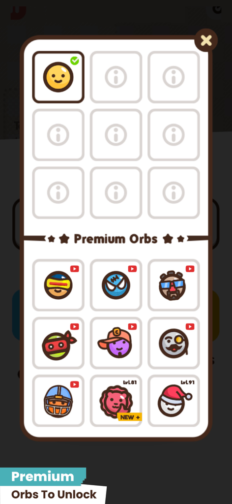 Frantic Fall - A menu screen showing various colorful premium orb characters to unlock in the Frantic Fall game