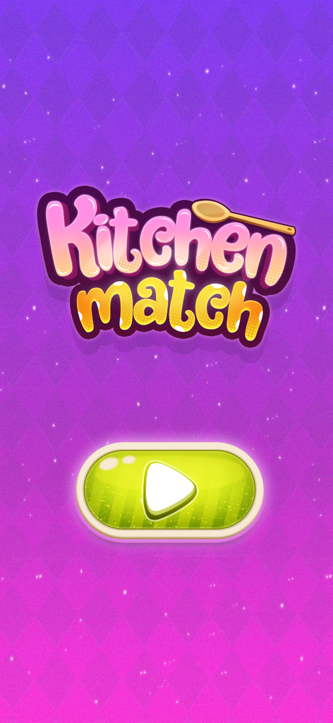 Kitchen Match - Kitchen Match mobile game title screen with a green play button and pink logo.