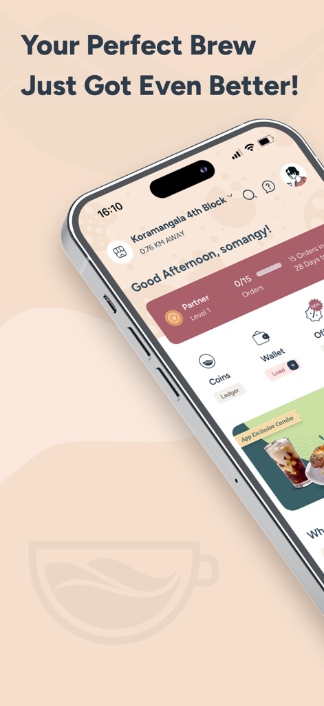 Smartphone screen displaying the Third Wave Coffee India app home interface with loyalty status coins and wallet features