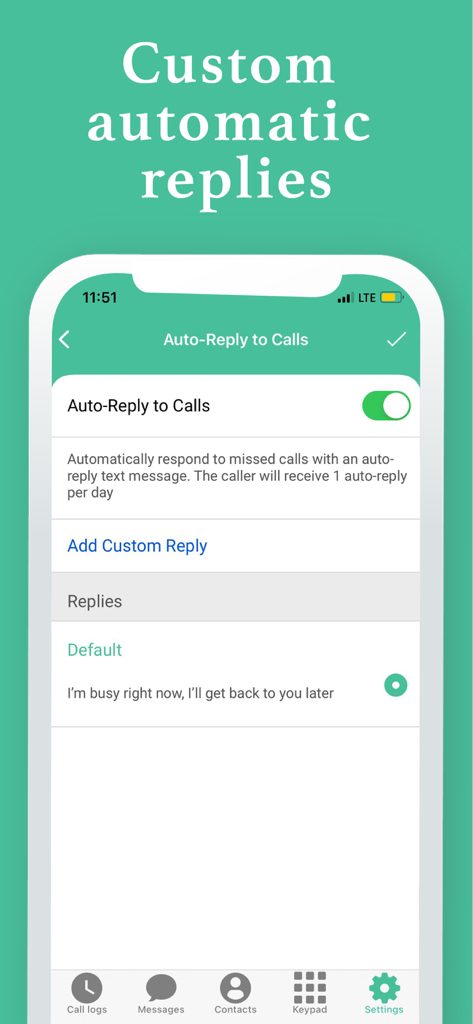 2nd Line, Second Phone Numbers - Interfaz de la aplicación 2nd Line que muestra la configuración de respuesta automática a llamadas con una opción de mensaje personalizado.