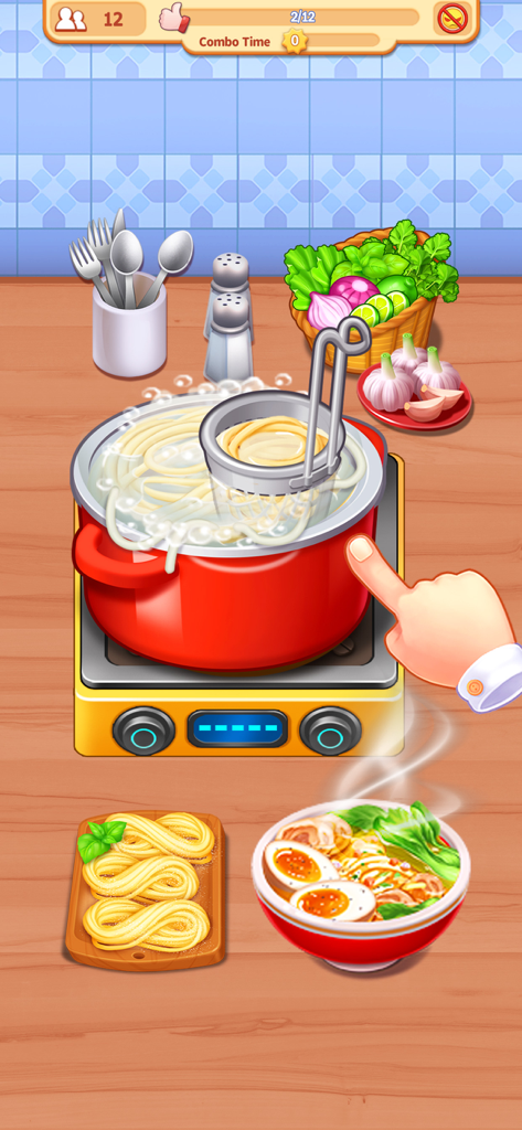 My Restaurant: Cooking Game - Un nivel de juego de cocina que muestra fideos ramen preparándose en una olla roja sobre una estufa con ingredientes frescos cerca.