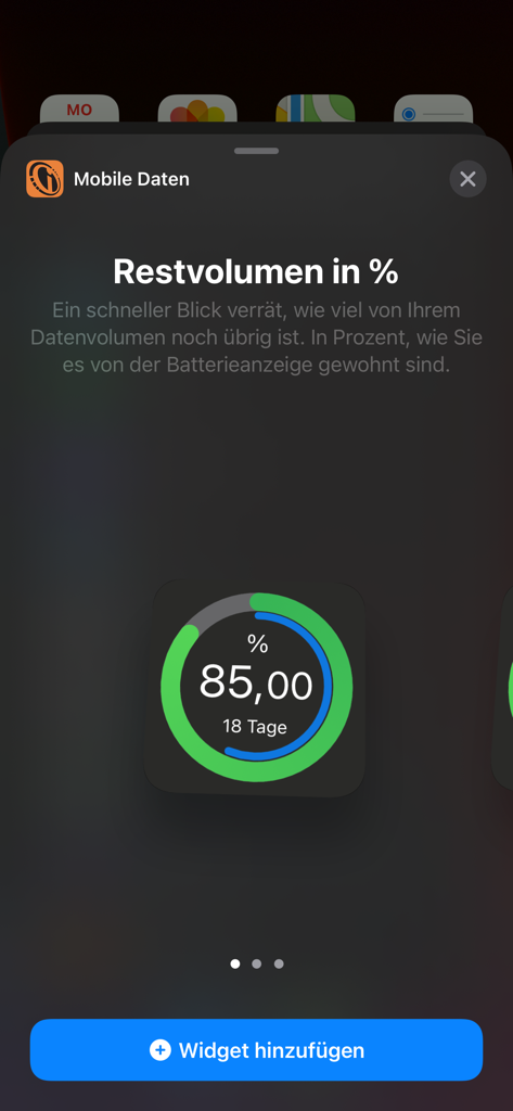 A preview of the Mobile Daten Widget on iOS showing 85 percent remaining data volume and 18 days left in the billing period.