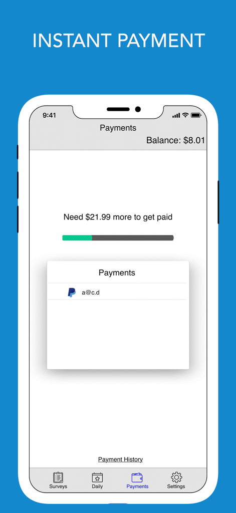 Survey plus app interface showing instant payment progress bar and PayPal payout balance
