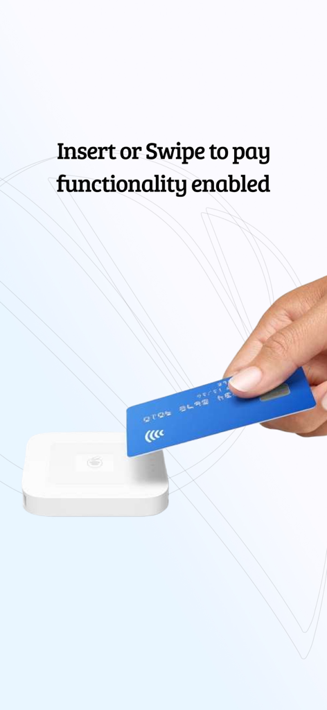 BankBox: PayApp - Hand holding a credit card over a compact white payment reader for mobile POS