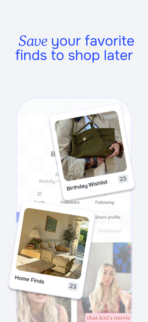 Reco Social app interface showing user curated collections for a birthday wishlist and home decor finds