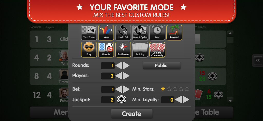Custom game rules and mode selection screen in Solitaire Palace