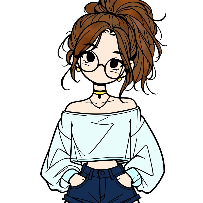 girl with a messy ponytail glasses a baggy crop top and jean shorts