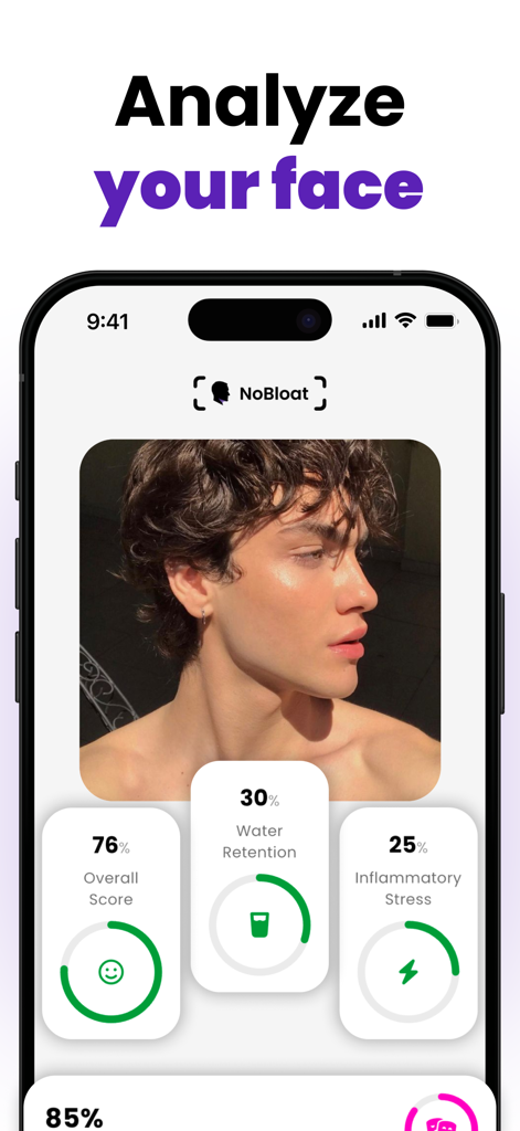 NoBloat: Face Depuff AI - A screenshot of the NoBloat app interface showing AI facial analysis with scores for water retention and inflammatory stress on a mans face