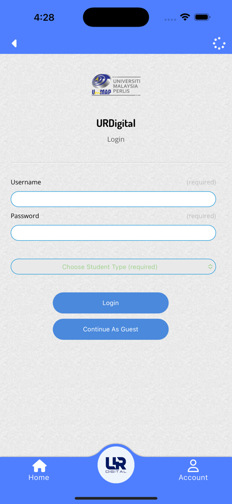 UniMAP URDigital - La página de inicio de sesión de la aplicación UniMAP URDigital con campos de nombre de usuario y contraseña para estudiantes