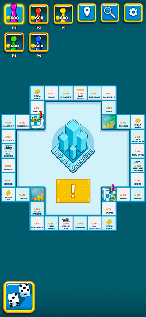 Hotel Manager Multiplayer - Interfaz de tablero de juego digital de Hotel Manager Multiplayer que muestra propiedades de ciudades internacionales y fichas de jugador
