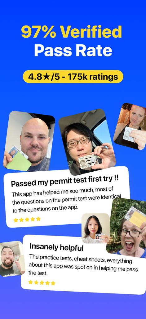 DMV Genie: Permit Test 2026 - DMV Genieアプリのインターフェースには、合格率97％と、新しい運転免許証を保持している人々の写真が付いた肯定的なユーザーレビューが表示されています。