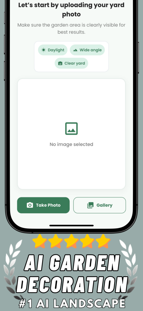 AI Garden Decoration Landscape - AI Garden Decoration app interface for uploading a yard photo with options for daylight and wide angle shots