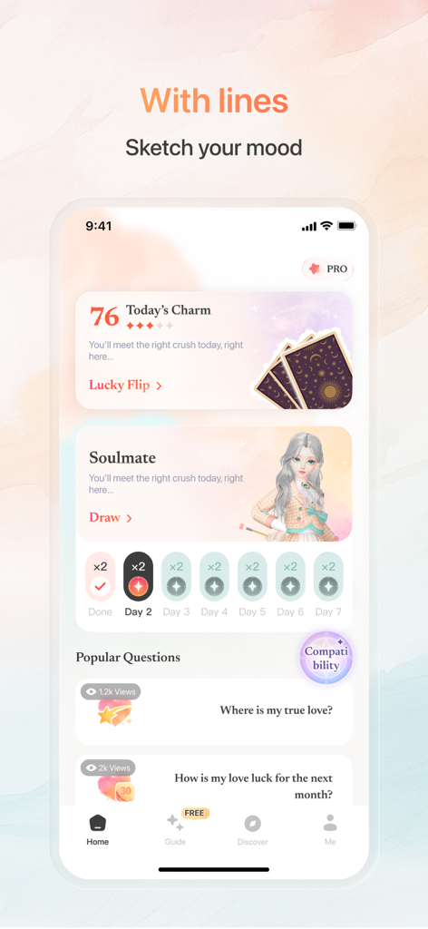 Feelora - Soul Art Trip - L'écran d'accueil de l'application Feelora présentant des sections pour les charmes quotidiens, les portraits d'âmes sœurs et l'exploration d'art par IA