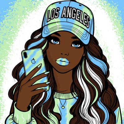 realistic beautiful girl wearing los ángeles cap holding an iphone