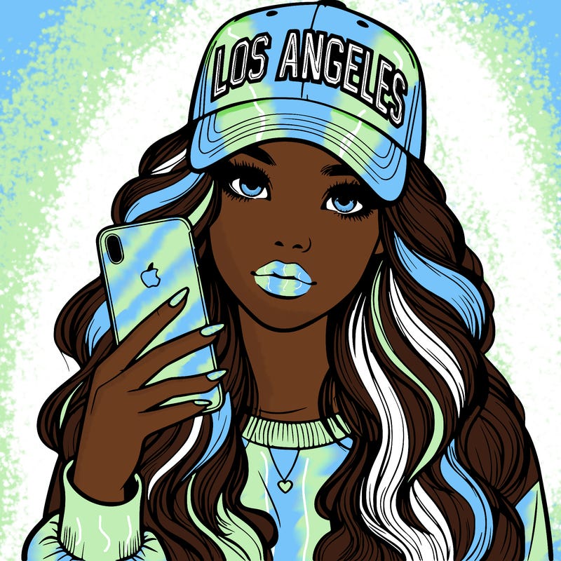 realistic beautiful girl wearing los ángeles cap holding an iphone