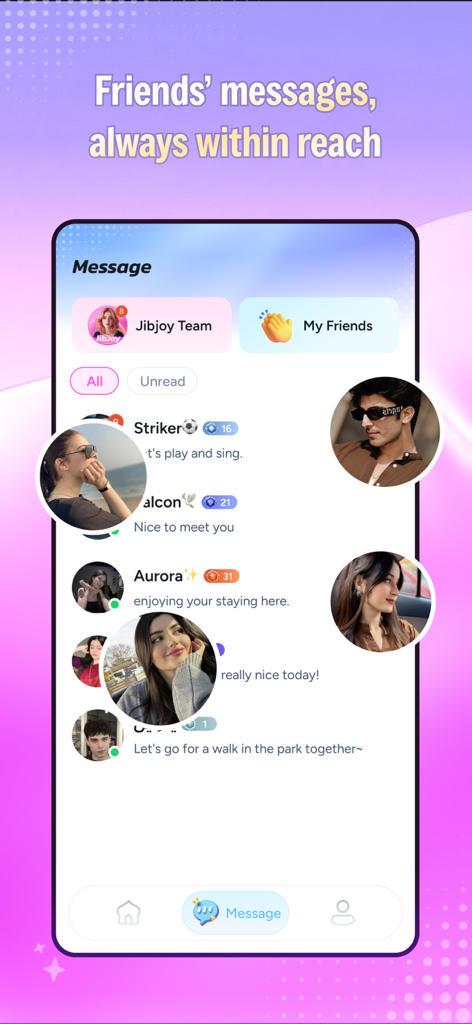 Baat Live - Interface of Baat Live app showing recent messages from friends and team members