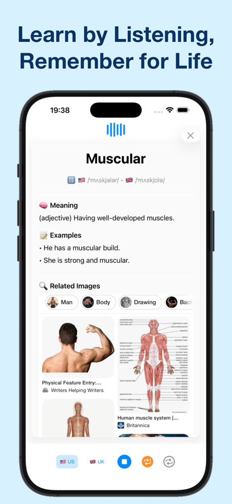 Learn English - Grammar, Vocab - 英語学習アプリの画面。語彙の定義と例、オーディオコントロールが表示されています。