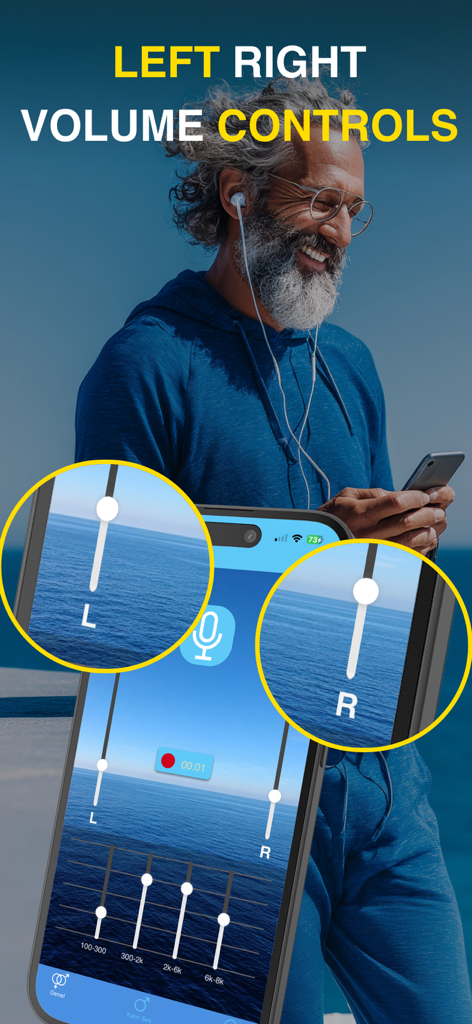 Hearing Aid: Listening Device - A screenshot of the hearing aid app interface displaying independent volume sliders for the left and right ears.