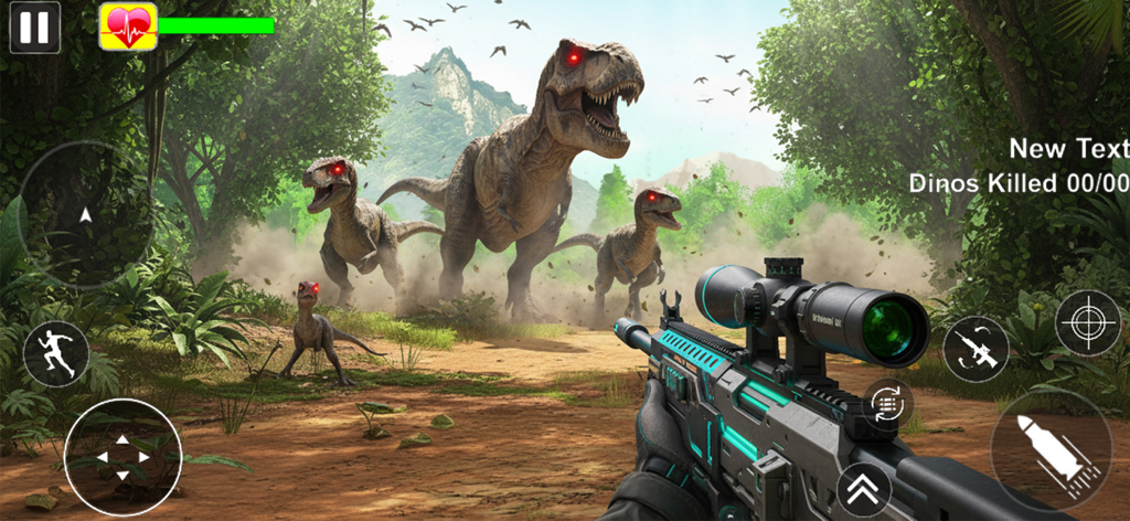 Vista en primera persona de un rifle de francotirador apuntando a un T-Rex y velociraptores en una jungla